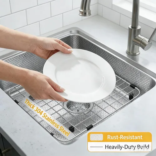 Vista 6 de Protectores de fregadero de acero inoxidable para fregadero de cocina, estante de fregadero de metal de 12.25 x 11.5 pulgadas con orificio