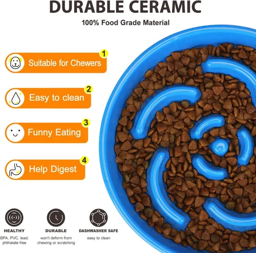 Vista 3 de Cuenco de cerámica para perros de alimentación lenta, 2 tazas de plato de flor - azul