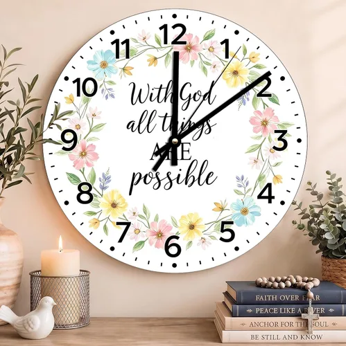 Vista 73 de Reloj de pared con versículo bíblico, con cita religiosa, reloj de madera, texto inspirador cristiano, reloj de madera rústico personalizado