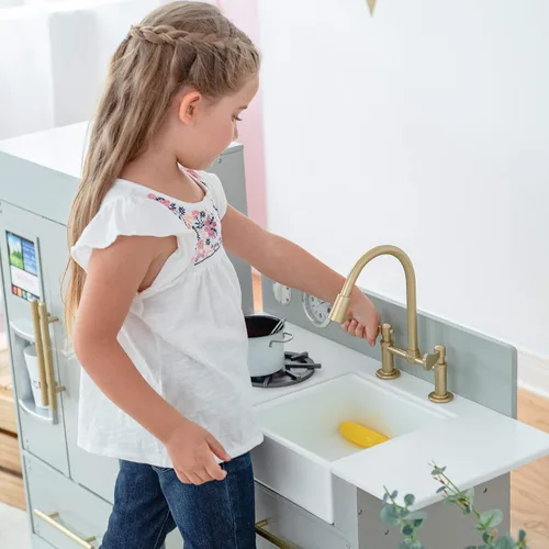 Vista 8 de Teamson Kids Little Chef Charlotte - Cocina Moderna Modular Interactiva de Madera para Jugar con Refrigerador, Estufa y Lavabo en Gris con Acentos