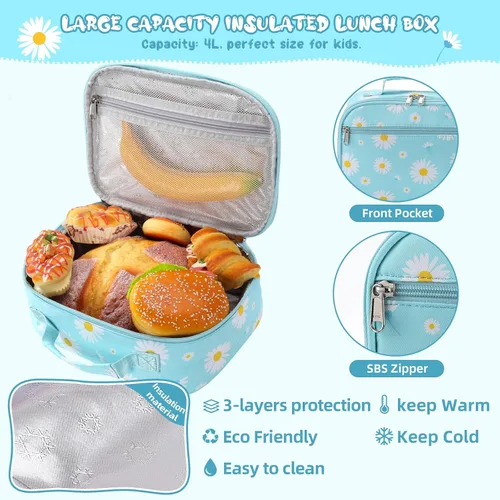 Vista 4 de Backpack for Girls, Kids Backpack Set with Lunch Box & Pencil Bag Margarita azul
