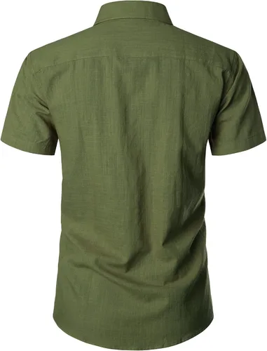 Vista 3 de ZEROYAA Camisas de lino y algodón ajustadas para hombre, de manga corta, con botones, ligeras, para la playa, con bolsillo