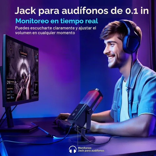 Vista 5 de VCOM - Micrófono USB para PC, micrófono RGB para juegos con botón de silencio, control de ganancia, conector de auriculares de monitoreo de 3.5 mm