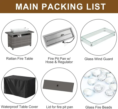Vista 8 de Mesa para fogata de 44 pulgadas con protector contra el viento para exteriores, fogatas de gas propano de encendido automático, mesa rectangular