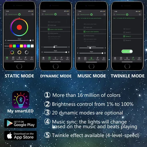 Vista 4 de Twinkle Starlight - Kit de luces LED de estrella para techo, RGBW, Bluetooth, control de aplicación, modo de música, luces de fibra óptica
