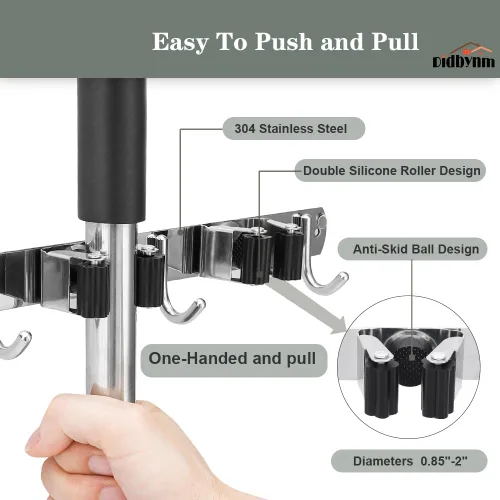 Vista 2 de Soporte de pared para escoba de fregona, de acero inoxidable, organizador de trapeadores para colgar en la pared con 4 abrazaderas, 5 ganchos