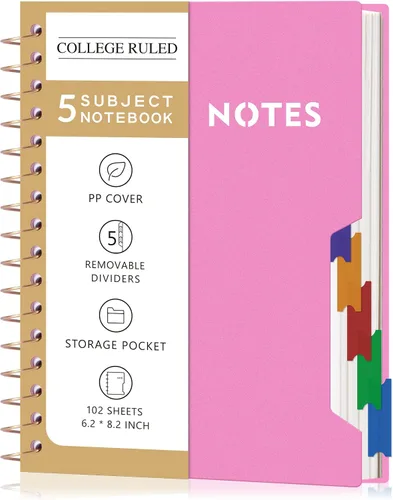 Vista 10 de CAGIE Cuadernos de espiral para trabajo escolar con pestañas divisorias extraíbles, cuaderno de 5 materias de 8.5 x 11 pulgadas, a rayas