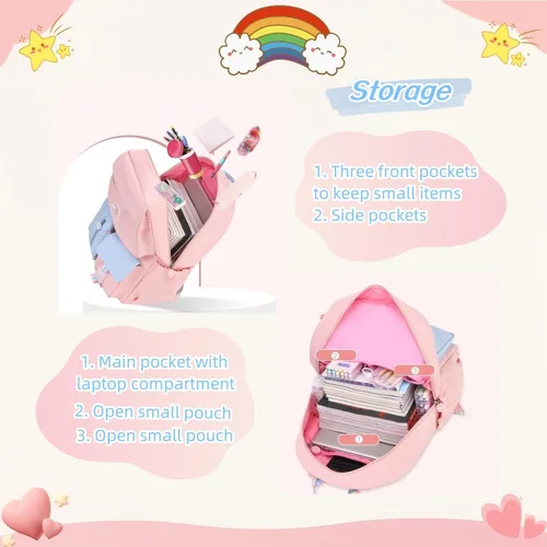 Vista 5 de Mochila escolar para niñas para escuela primaria ligera, Rosa Azul, Classic