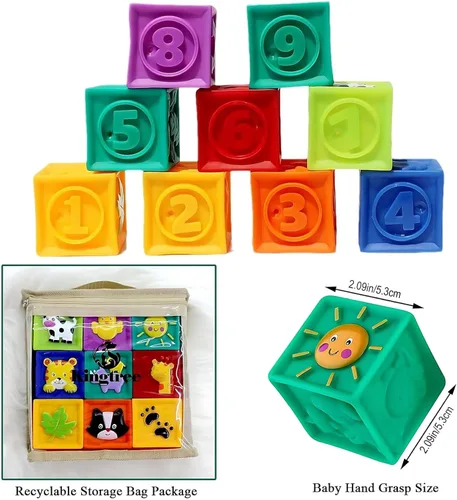 Vista 9 de Kingtree Bloques para bebés, 9 piezas de bloques de construcción suaves para bebés de más de 6 meses, juego de bloques educativos de dentición