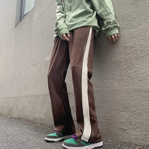 Vista 3 de Skateboard Frog Pantalones de chándal para hombre Patchwork Open Wide Bottom Suede Casual Pantalones de pierna recta