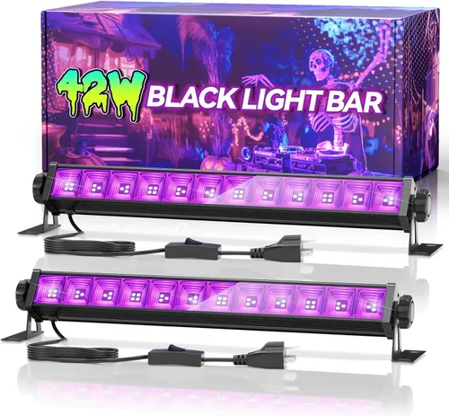 Vista 9 de Paquete de 4 barras de luz negra LED de 42W, luz negra con cable de 6 pies + interruptor + enchufe, suministros para fiestas de luces negras que
