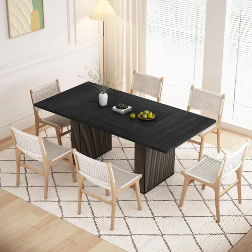 Vista 2 de QHITTY mesa de comedor acanalada de 78 pulgadas de madera para 6 a 10 personas, mesa larga rectangular de estilo campestre con base de tiras