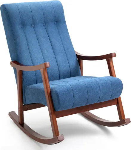 Vista 13 de AVAWING Silla mecedora tapizada con asiento acolchado de tela, cómoda balancín de madera maciza para sala de estar, silla moderna de respaldo alto