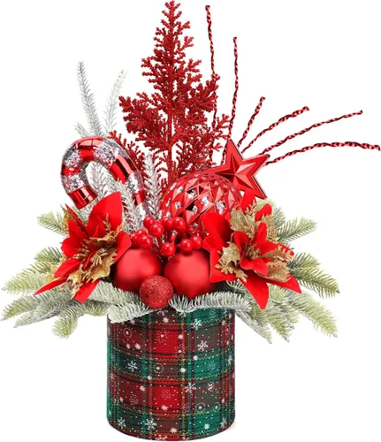 Vista 8 de Pequeño árbol de Navidad de mesa artificial, mini decoraciones de árbol de Navidad con adornos navideños, bayas rojas, piñas, vegetación para hogar