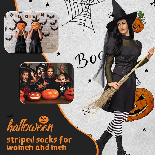 Vista 2 de GODORIO Calcetines a rayas de Halloween, medias altas hasta el muslo por encima de la rodilla, medias para mujeres y hombres para fiesta de cosplay