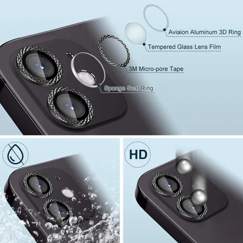 Vista 5 de Protector de lente de cámara compatible con iPhone 12/12 Mini/11 cubierta de cámara de vidrio templado, cubierta completa HD antiarañazos, anillo