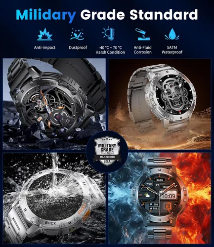 Vista 8 de Relojes inteligentes militares para hombres (responder/hacer llamadas) con linterna LED, batería grande de 530 mAh, monitor de frecuencia
