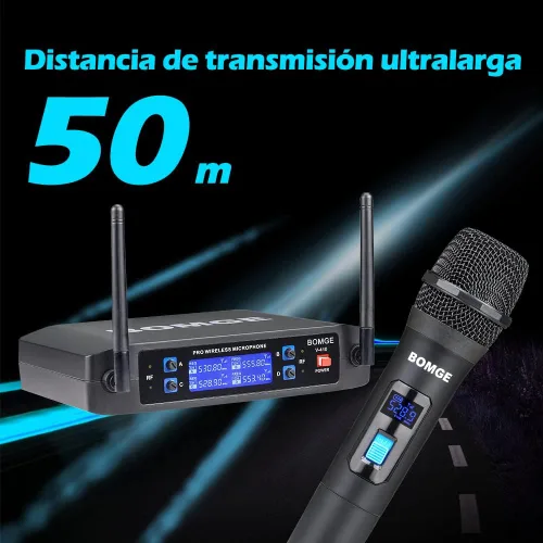 Vista 4 de BOMGE Sistema de micrófono inalámbrico, juego de micrófono inalámbrico Pro de 4 canales con cuatro micrófonos de mano, frecuencia fija, largo