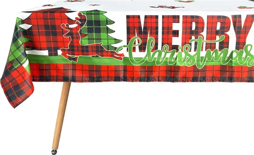 Vista 5 de pinkblume Mantel de Navidad rectangular de 4.3 x 9 pies, diseño de búfalo a cuadros, árbol de Navidad, camión rojo, alegría y alegría, letrero