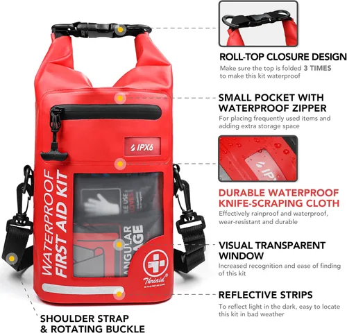 Vista 2 de Kit de primeros auxilios impermeable de 250 piezas, bolsa seca reflectante con tapa enrollable para barco, bolsas de emergencia, kit médico