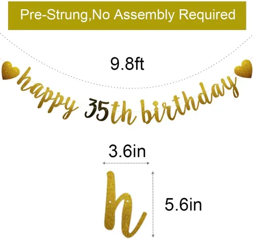 Vista 2 de Betteryanzi - Cartel de feliz cumpleaños número 35, guirnalda de papel con purpurina dorada y negra para suministros de decoración de fiesta