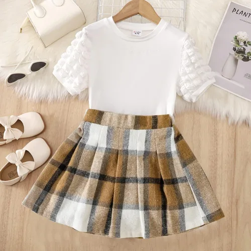 Vista 2 de PATPAT Conjunto de 2 piezas para niñas con camiseta de manga larga y falda de pata de gallo con botones