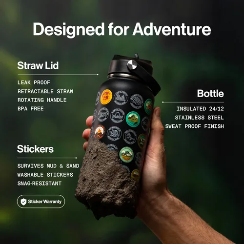 Vista 3 de Botella de agua de los Parques Nacionales con kit de pegatinas, colaboración de Erikas Chesonis, botella de aventura con pajita, pegatinas