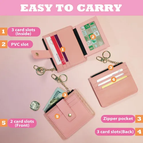 Vista 3 de Deziliao Funda delgada para tarjetas de crédito con bloqueo Rfid para mujer, cartera con cremallera, cartera pequeña y compacta de cuero