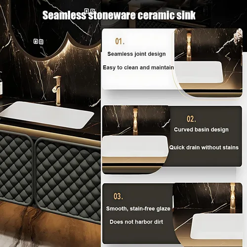 Vista 4 de Tocador de baño con fregadero, elegante tocador de baño flotante con espejo inteligente de desempañamiento, gabinete de fregadero de madera maciza