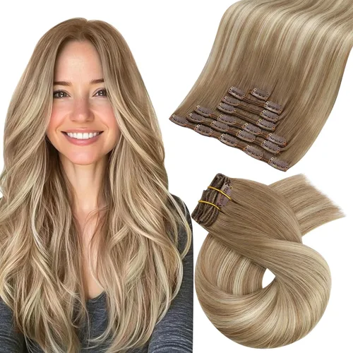 Vista 53 de Moresoo Extensiones de cabello humano con clip, balayage, color marrón oscuro a marrón dorado con clip, extensiones de cabello humano con clip, 5