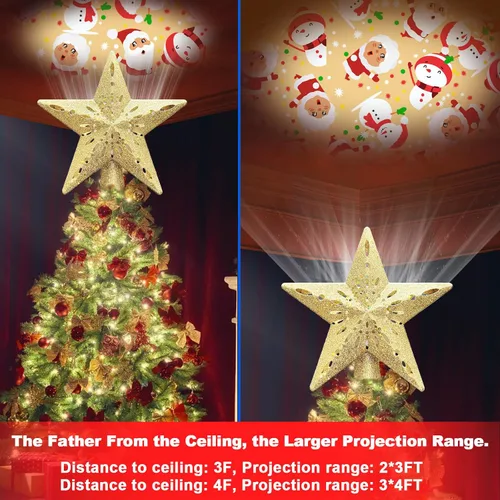 Vista 4 de Estrella para la punta del árbol de Navidad de 10 pulgadas iluminada con 6 modos de proyección, estrella iluminada para la punta del árbol