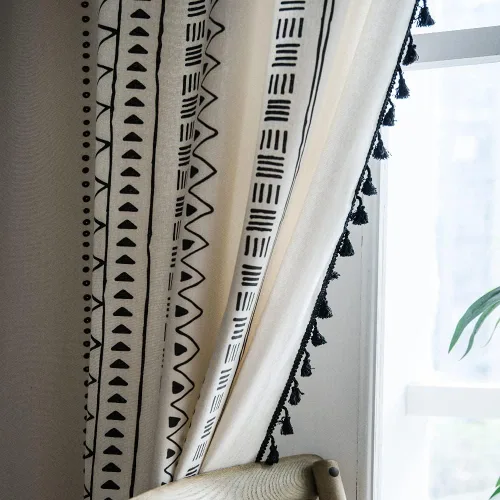 Vista 9 de Deeprove - Cortinas bohemias de 63 pulgadas de largo para dormitorio, rayas de lunares de punto hueco beige y patchwork de algodón y lino crema