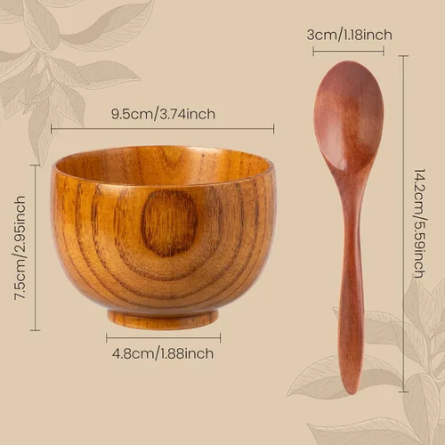 Vista 2 de Juego de 2 cuencos de madera para alimentos, pequeños cuencos de madera con cucharas de madera para postre aperitivos, sopa, juego de vajilla