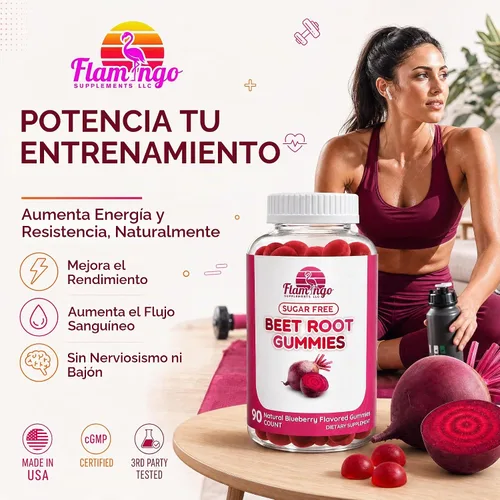 Vista 3 de Flamingo Supplements Gomitas de raíz de remolacha de óxido nítrico sin azúcar, masticables de raíz de remolacha para rendimiento atlético, refuerzo