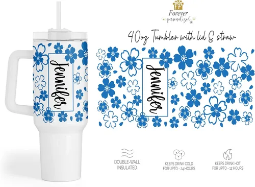 Vista 6 de Vaso personalizado de 40 onzas con asa y pajita, vaso aislado de acero inoxidable, taza de viaje, taza de café de doble pared para bebidas frías