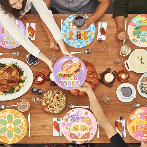 Vista 6 de Juego de vajilla de 120 piezas para fiesta de estilo bohemio hippie con margaritas que incluye platos, servilletas y tazas para decoración de fiesta