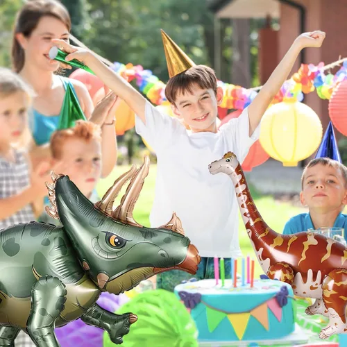 Vista 5 de Globos grandes de dinosaurio de 38 pulgadas, 3 piezas de decoraciones de cumpleaños de dinosaurio autosostenibles. Globos de triceratops