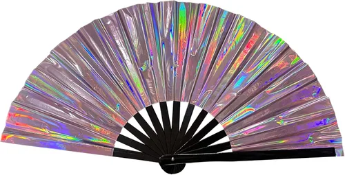 Vista 10 de Ventilador de mano plegable grande para hombres y mujeres, ventilador holográfico para mujeres, fiesta de baile, festivales, Halloween, EDM