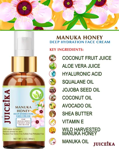Vista 4 de MANUKA HONEY Crema facial hidratante facial de hidratación profunda. Aceite de manuka, aloe vera, manteca de karité, aceite de coco, aceite