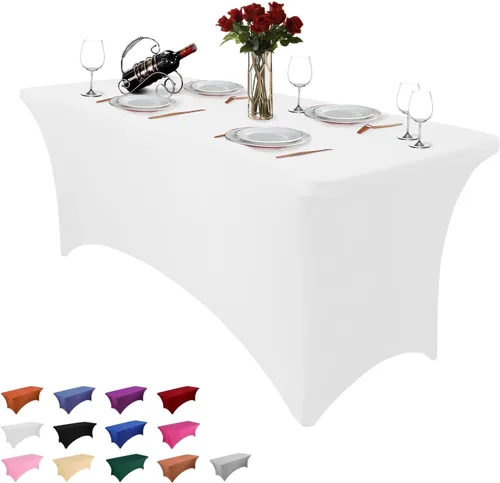 Vista 10 de Paquete de 2 manteles rectangulares de 4 pies para manteles rectangulares color gris azulado, elásticos, manteles de elastano para eventos