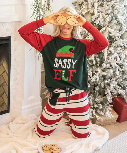 Vista 5 de Lazy One Pijamas de Navidad familiares a juego, pijamas de Navidad a juego con elfo para la familia, camisetas y pantalones para adultos separados