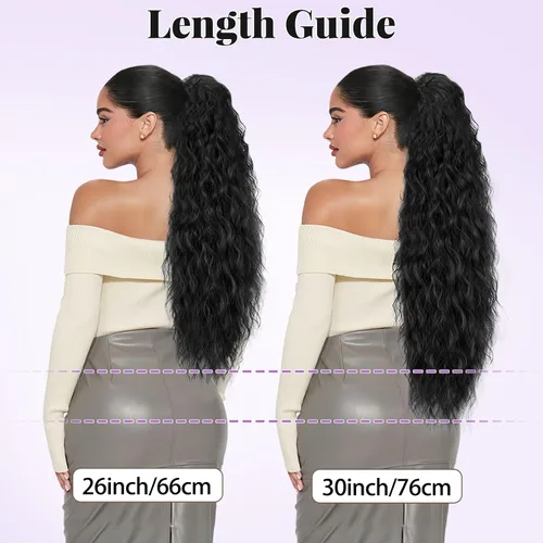Vista 9 de Extensión de cola de caballo con cordón, extensión de cola de caballo larga y rizada para mujeres negras, extensiones de cabello negro de 26