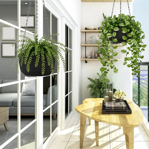Vista 6 de Juego de 2 macetas colgantes para plantas de interior y exterior, macetas colgantes de riego automático de 8 pulgadas con platillo interno, orificio