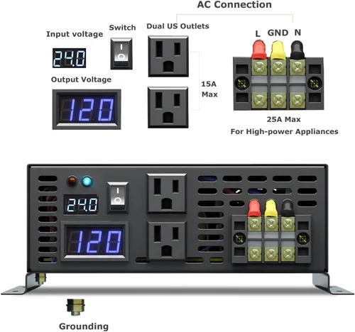 Vista 3 de WZRELB Inversor de corriente de onda sinusoidal pura de 2500W 24VDC 120VCA, RV, inversor de coche, pantalla LED
