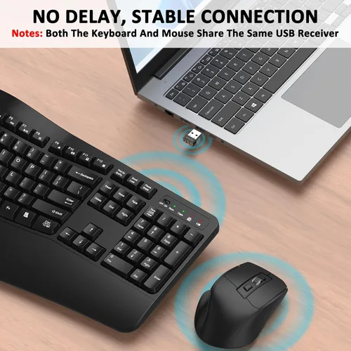 Vista 5 de Combo de teclado y mouse inalámbricos, teclas de onda ergonómica 2.4G (negro) Full Size Wave Keyboard with Wrist Rest, 3-Level DPI Adjustable