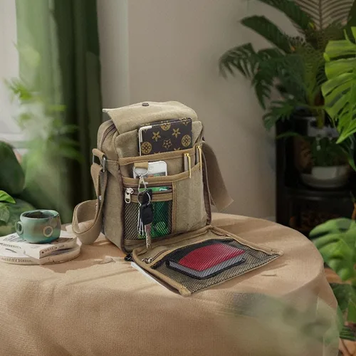 Vista 8 de MosaiRudo Bolsa de mensajero pequeña de lona para hombre, bolsa de hombro casual para hombres y mujeres, bolsa de transporte de viaje, bolsa