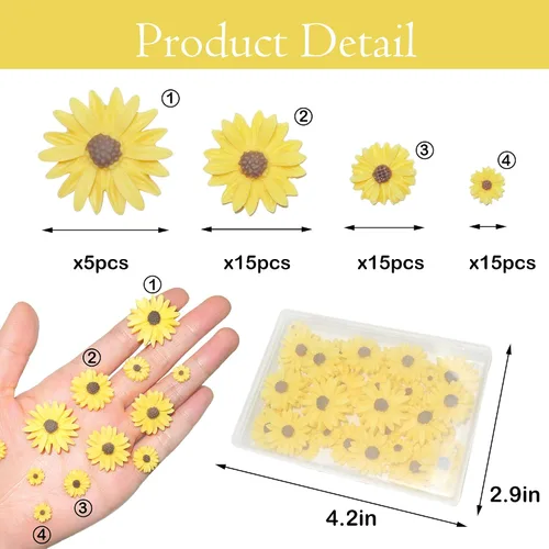 Vista 2 de HADDIY Girasol de resina para manualidades, 50 piezas pequeñas de margaritas decorativas amarillas para adornos de álbumes de recortes, bricolaje