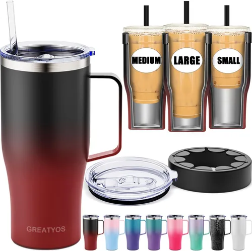 Vista 14 de Funda universal para café helado con asa - Soporte aislante de acero inoxidable reutilizable de doble pared para bebidas frías que se adapta a tazas
