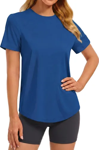 Vista 25 de PINSPARK Camisetas básicas de entrenamiento suaves para mujer, de manga Azul oscuro