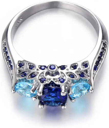 Vista 2 de Creative Fashion - Anillo de plata 925 brillante con tres piedras y zafiro con piedra natal de aguamarina azul, anillo de compromiso de eternidad